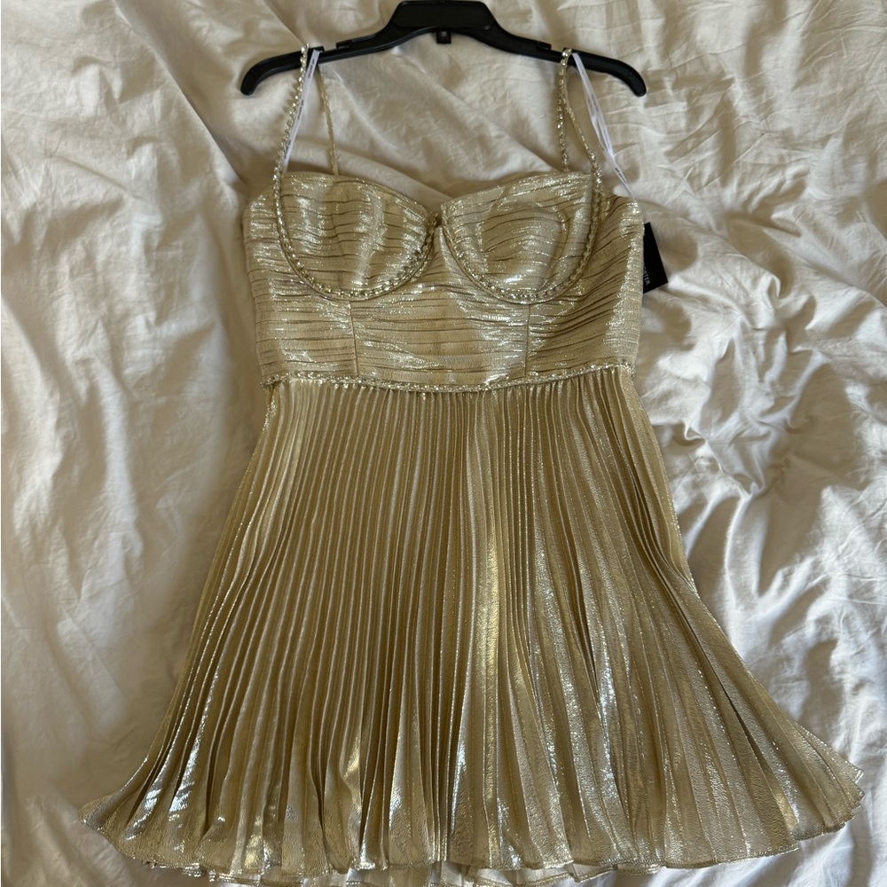 Self portrait, gold and time stone mini dress with rhinestone straps NWT